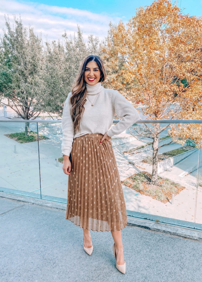 Turtleneck and Pleated Skirt with Gold Dots