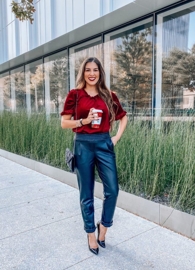 Burgundy Velvet Top With Ruffle Sleeves and Leather Trousers 