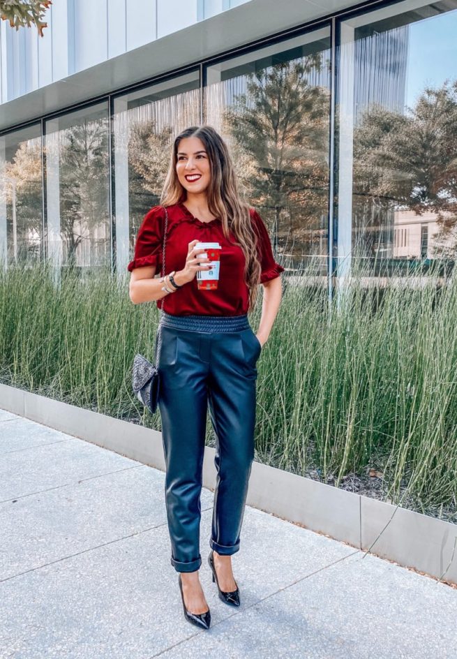 Burgundy Velvet Top and Leather Trousers for the Holidays 