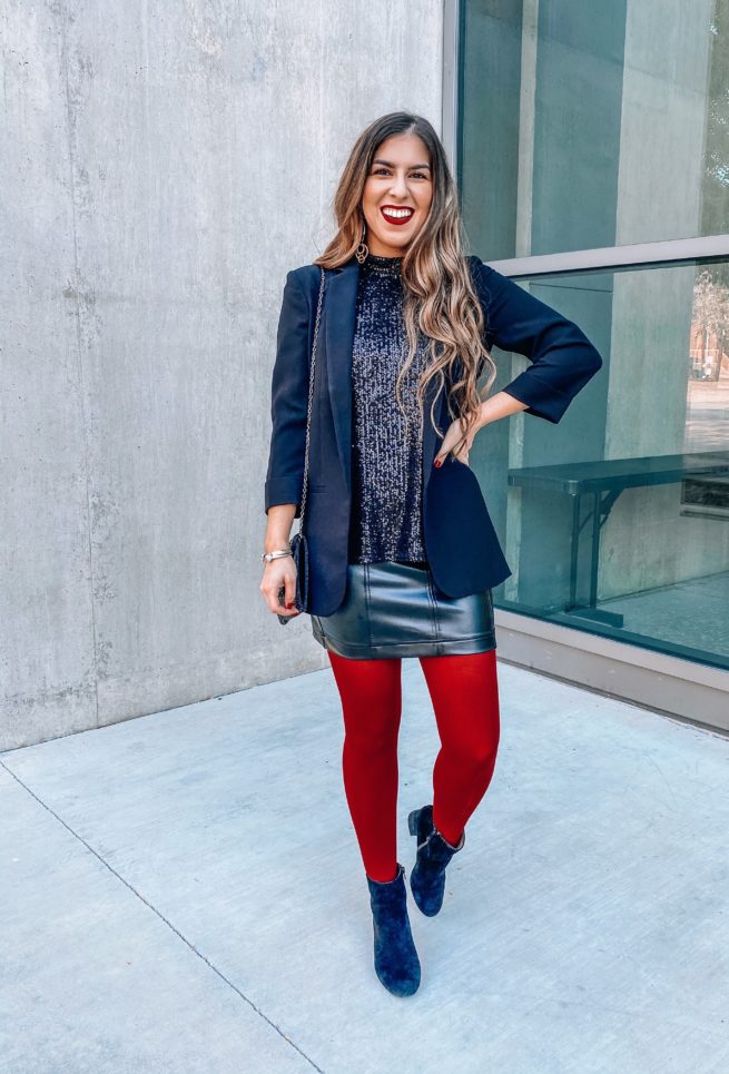 Sequin Halter Top and Leather Skirt 