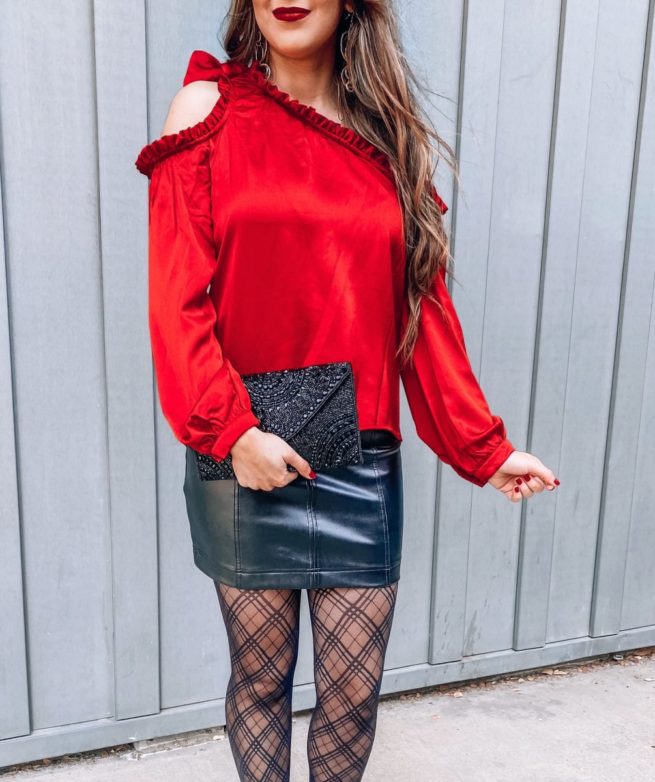 Holiday Red Off the Shoulder Blouse with Bow 