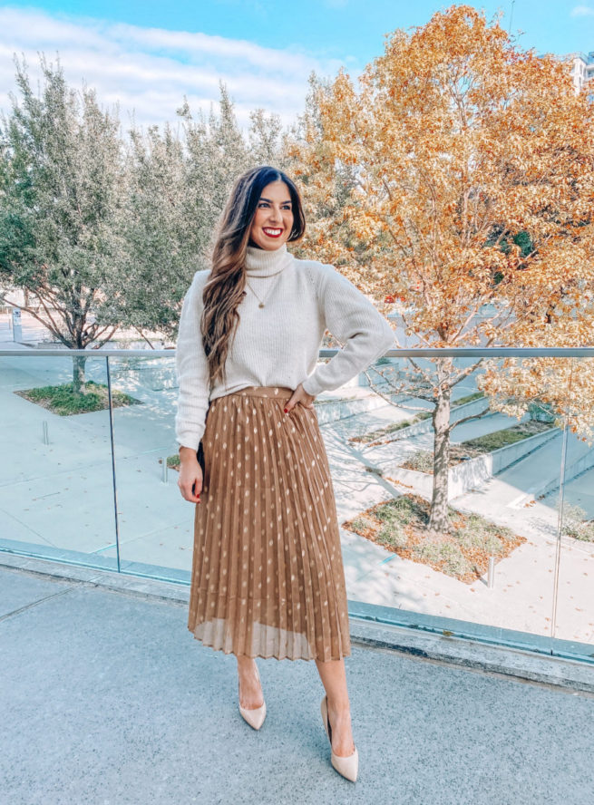 Turtleneck and Pleated Skirt with Gold Dots