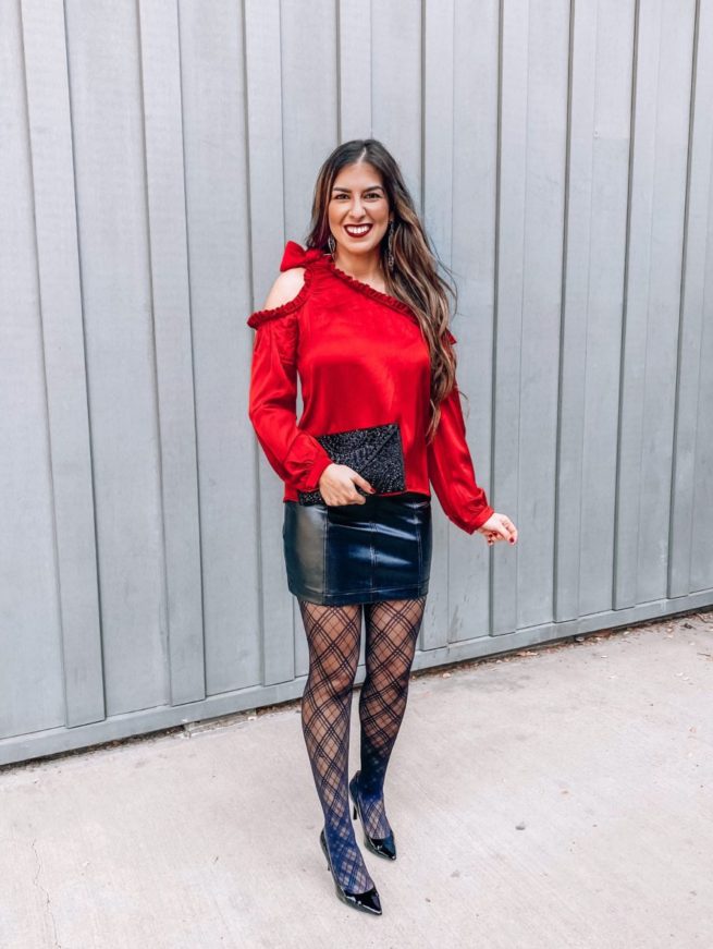 Red Off the Shoulder Blouse with Leather Skirt 