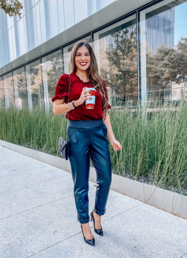 Burgundy Velvet Top and Leather Trousers 