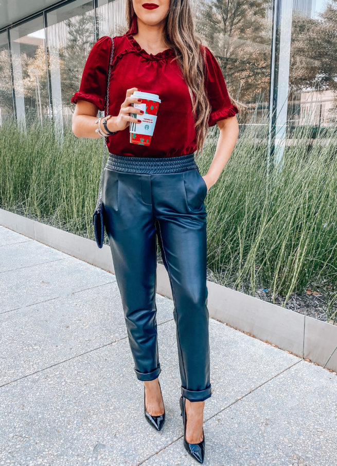 Velvet Top With Ruffle Sleeves and Leather Trousers 