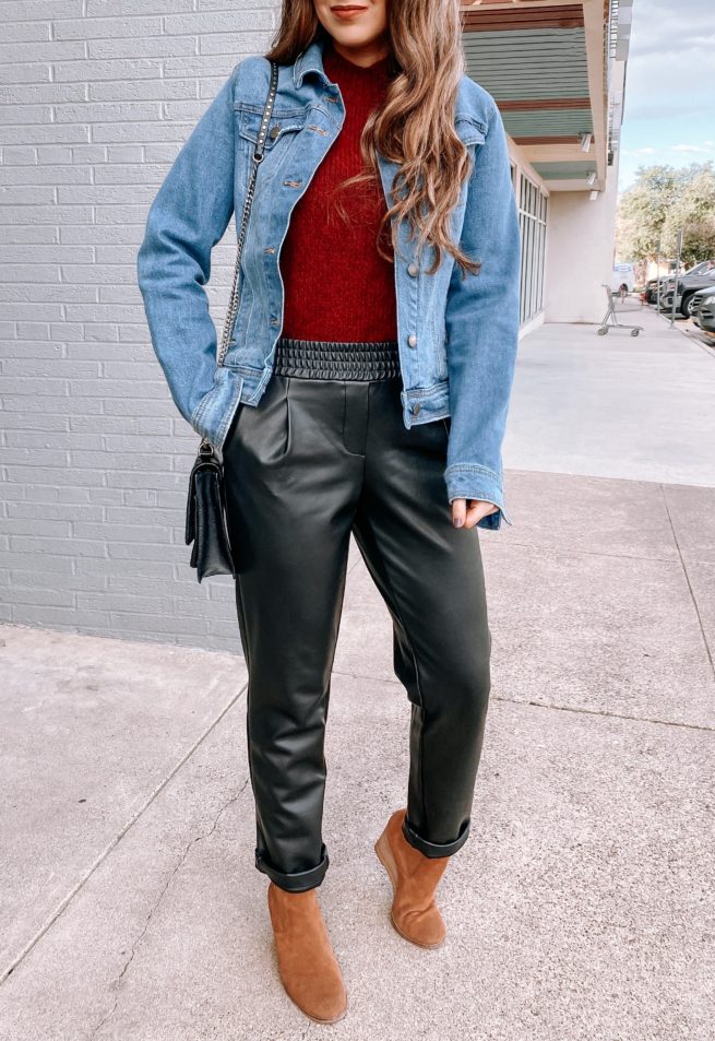 Denim Jacket Styled with Leather Trousers for Work 