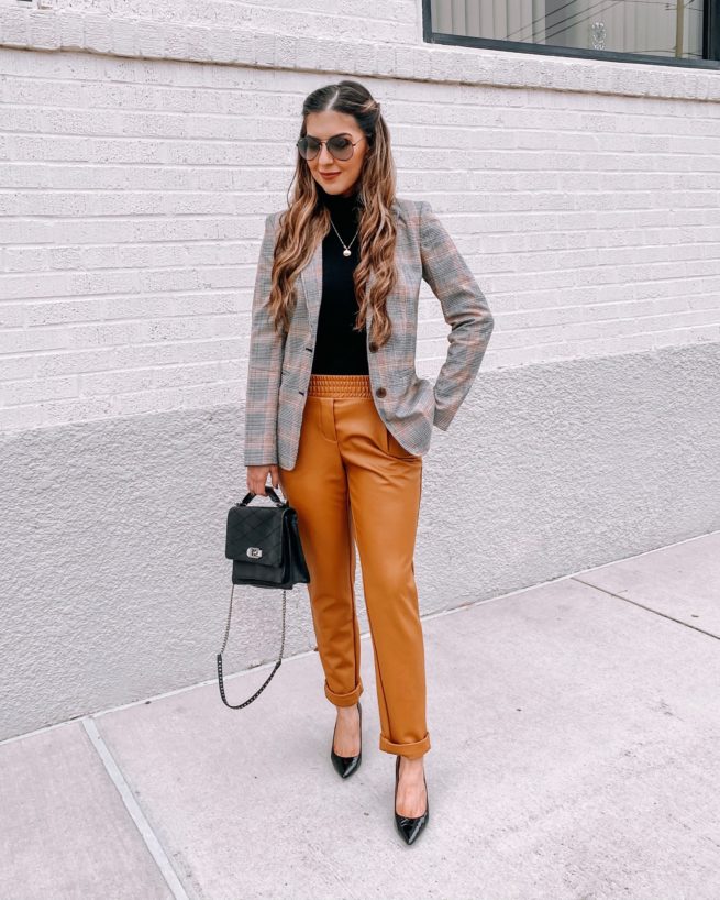 Plaid Blazer with Tan Leather Trousers 