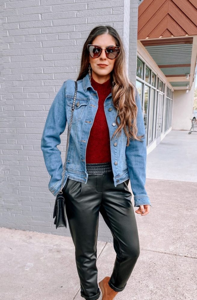 Denim Jacket Styled with a Burgundy Sweater 