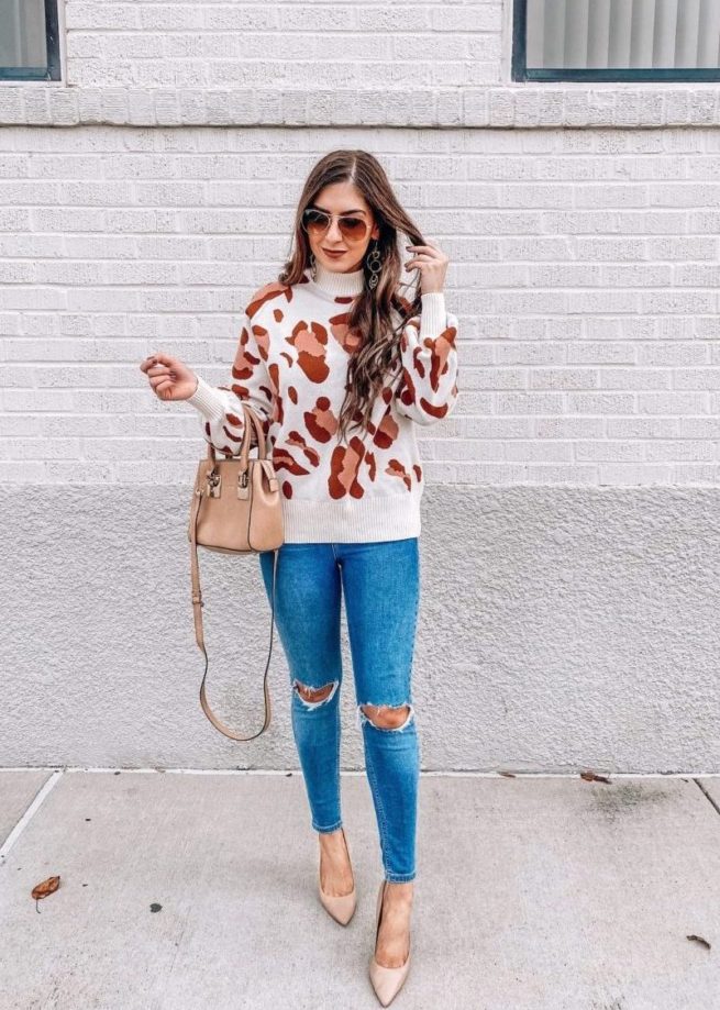 Animal Print Mock Neck Sweater for Winter