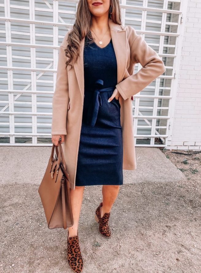 Camel Coat with Rib Black Dress