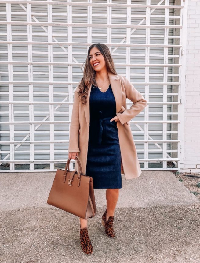 Classic Camel Coat and Black Dress