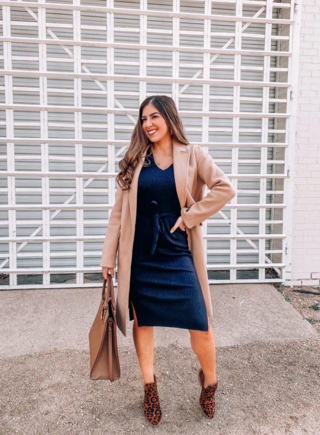 Classic Camel Coat with Black Knit Dress