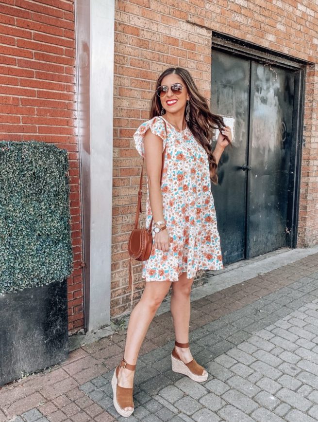 Coral and Blue Floral Midi Dress