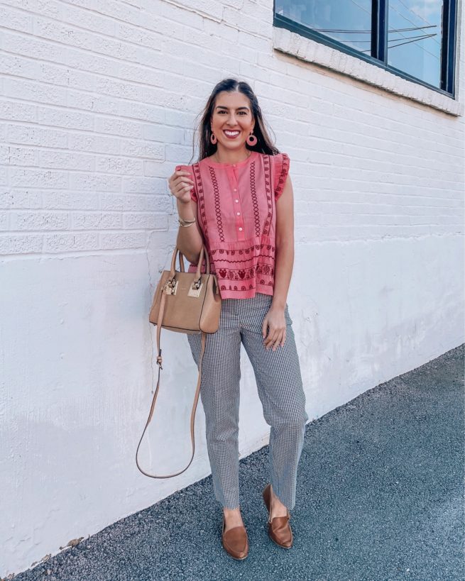 Floral Embroidered Peplum Top and Check Pants