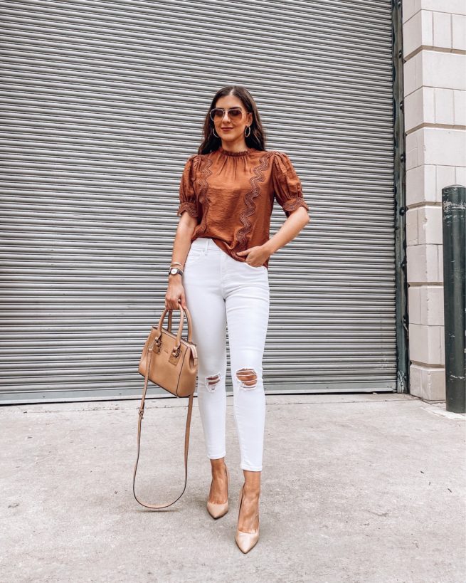 Lace Top and White Ripped Skinny Jeans