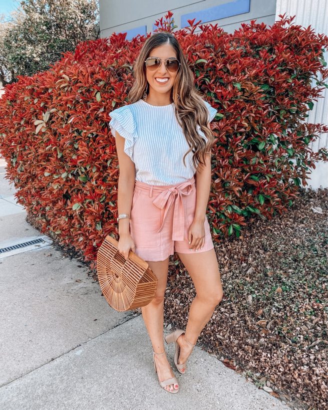 Stripe Ruffle Top and Pink Tie Waist Shorts